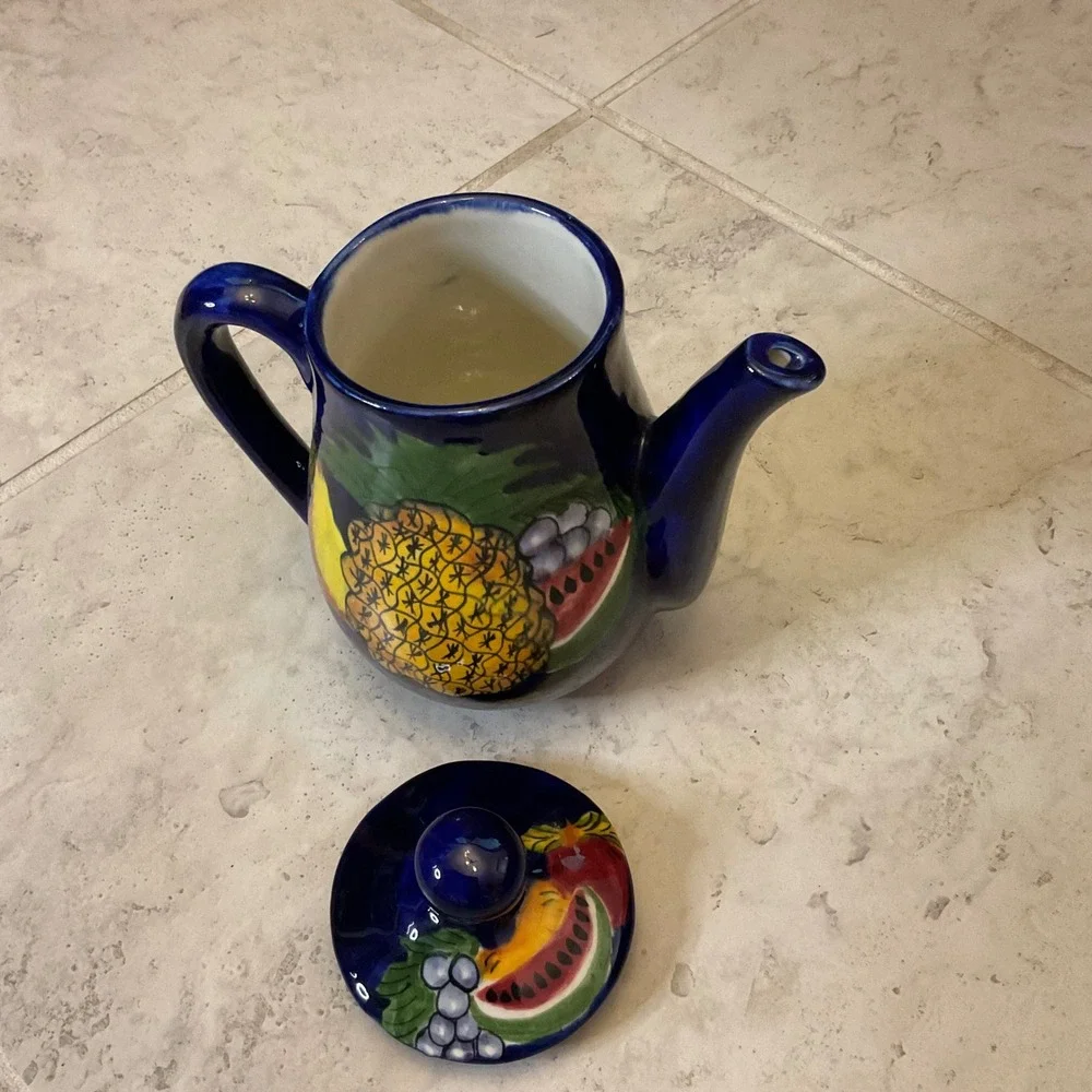 Vintage Mexican Pottery Fruit Teapot Cobalt Blue Hand Painted Ceramic Mexico